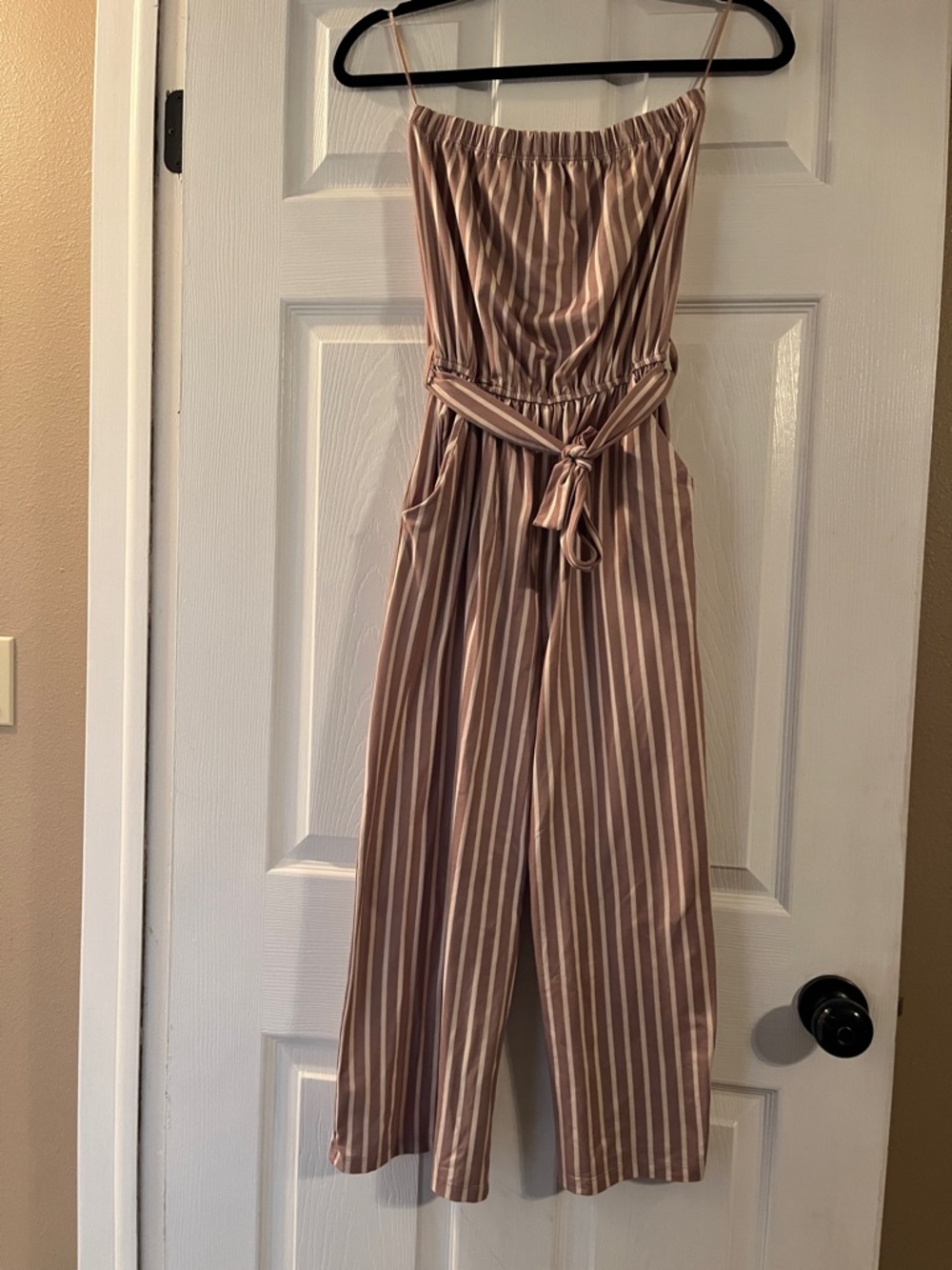 Striped Mauve Strapless Wide-Leg Jumpsuit with Tie Waist